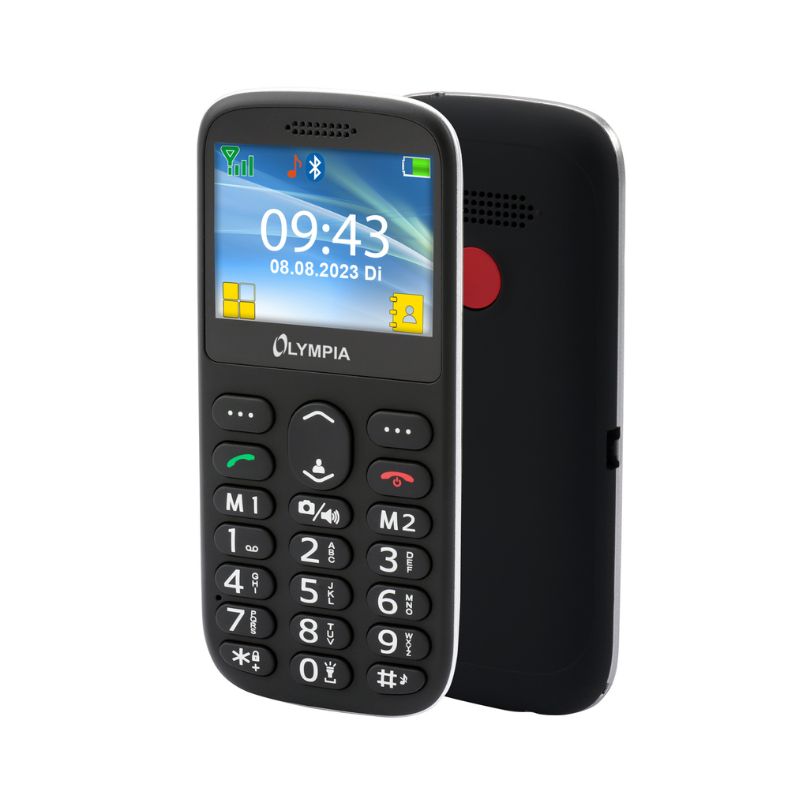 Olympia SUN (2222) Μαύρο κινητό τηλέφωνο Bluetooth με μεγάλα κουμπιά, USB-C, Dual SIM, Camera, FM, microSD, handsfree, φακό, κουμπί SOS, οθόνη 2.3″ και βάση στήριξης (110687-0026)